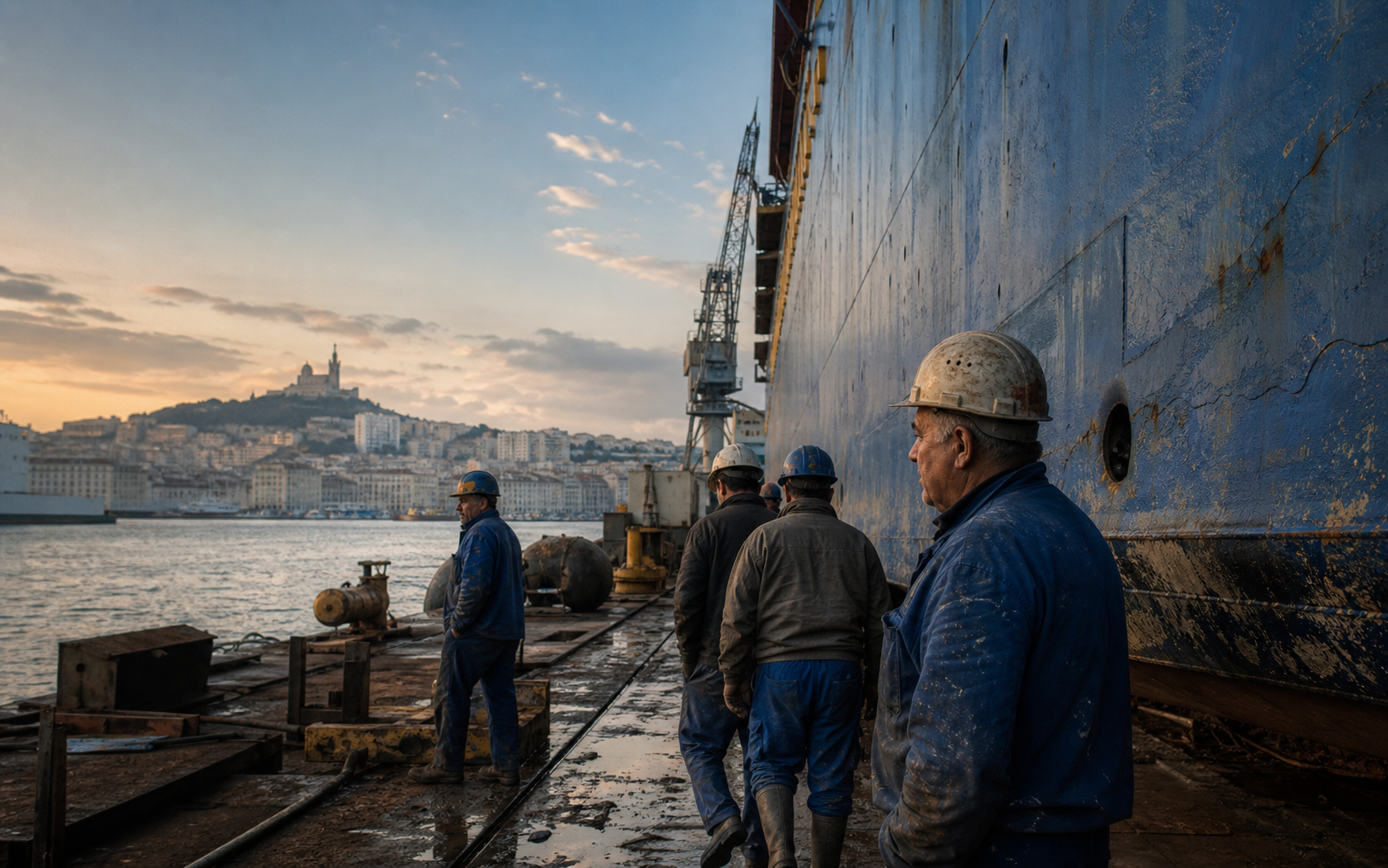 Ouvriers sur un chantier naval à Marseille